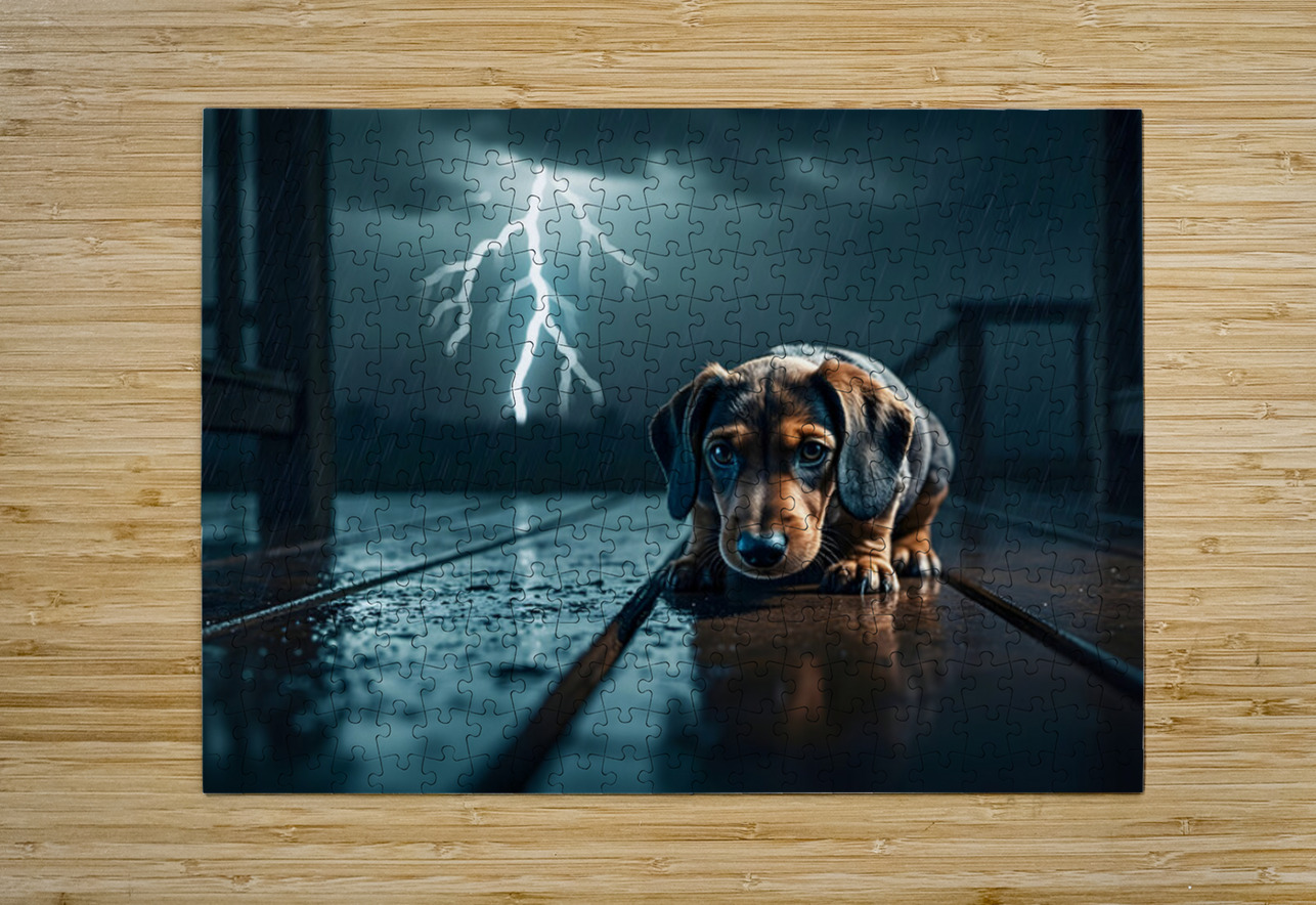 Dachshund Puppy Watches Storm From Covered Porch Puppy Prints Puzzle printing