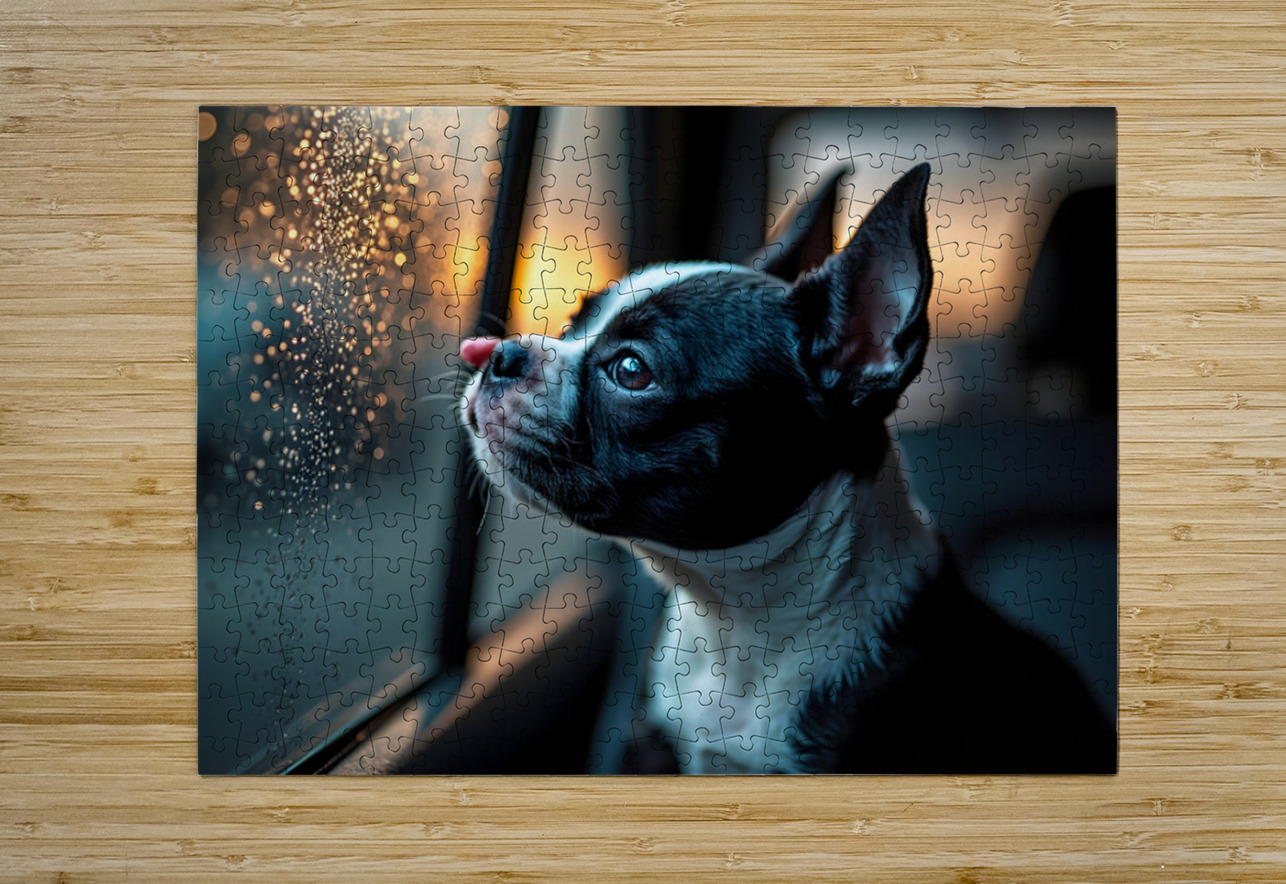 Boston Terrier Puppy Watches Rain From Car Window Puppy Prints Puzzle printing