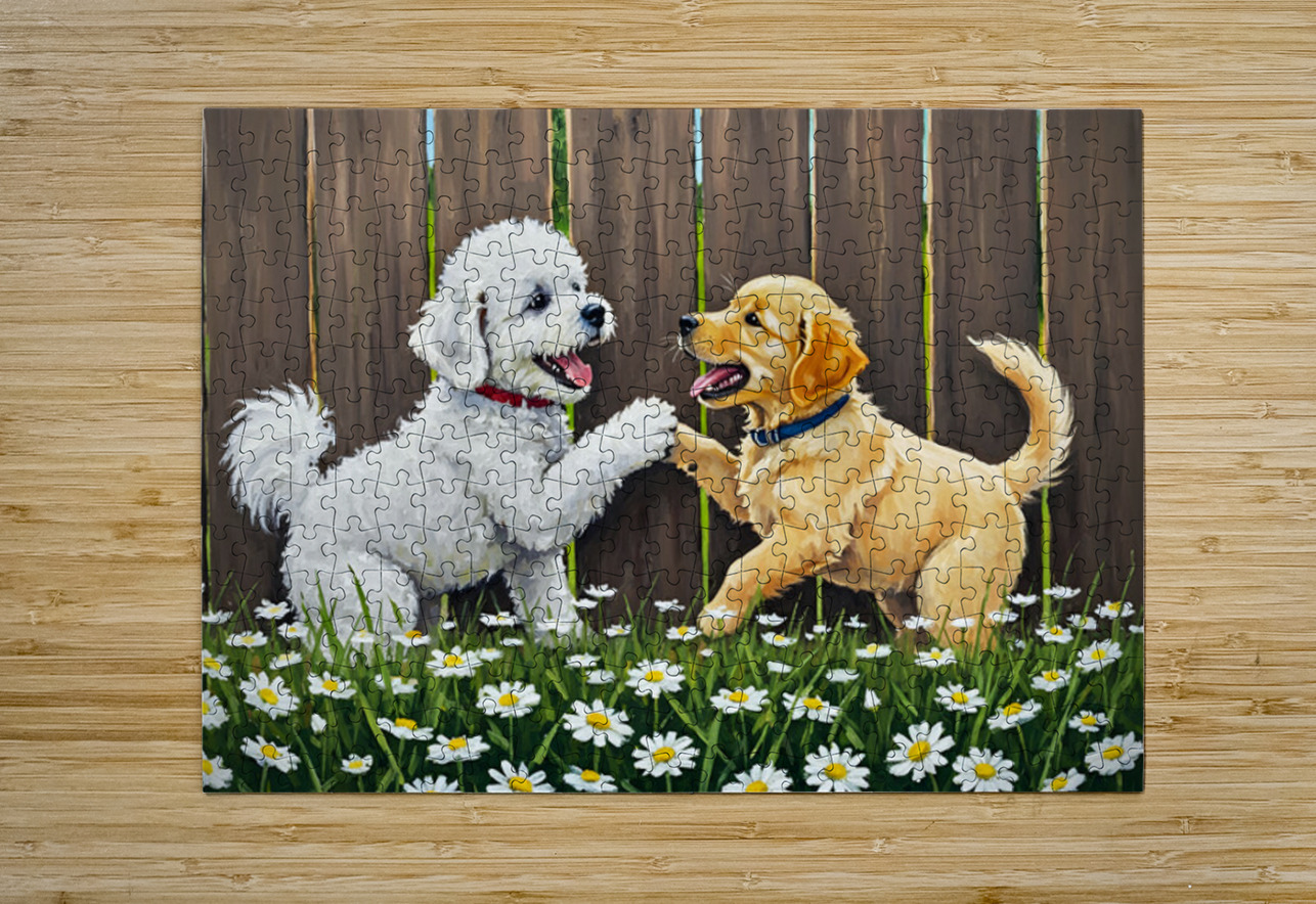 Happy Bichon Frise Puppy Plays With Fence Friend Puppy Prints Puzzle printing