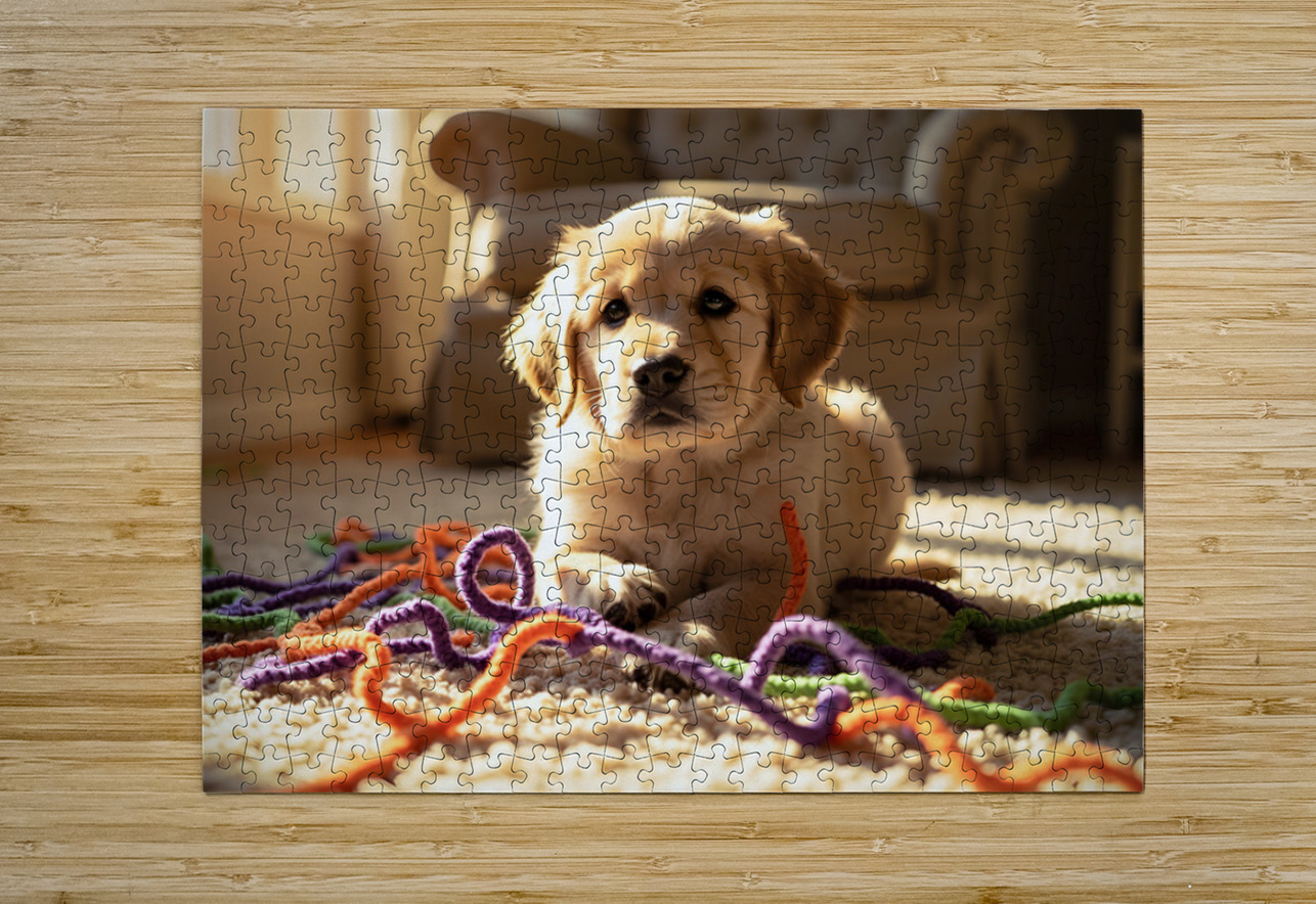 Golden Retriever Puppy Discovers Colorful Yarn Ball Puppy Prints Puzzle printing