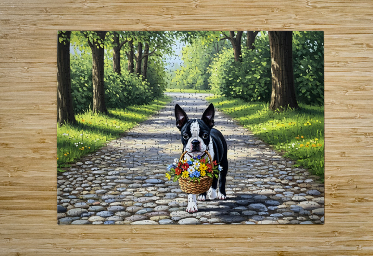 Boston Terrier Puppy With Flower Basket In Garden Puppy Prints Puzzle printing
