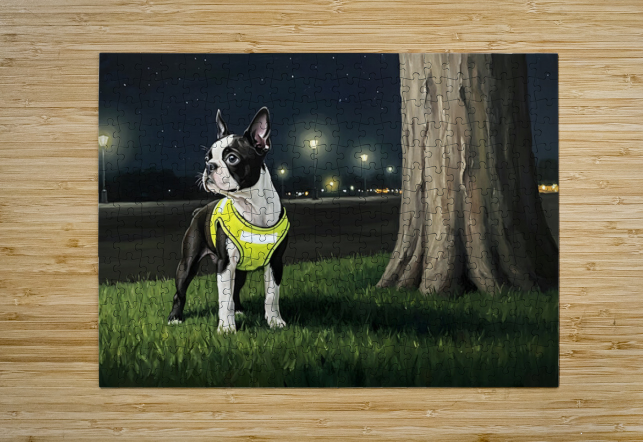 Sleepy Boston Terrier Puppy Returns From Night Walk Puppy Prints Puzzle printing