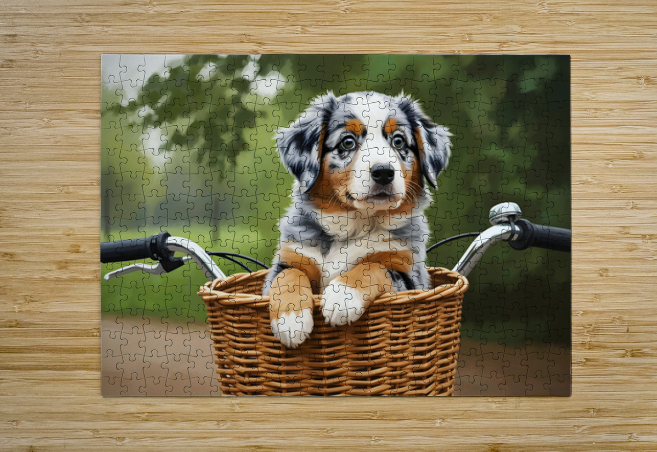 Happy Australian Shepherd Puppy Enjoys Bicycle Ride Puppy Prints Puzzle printing