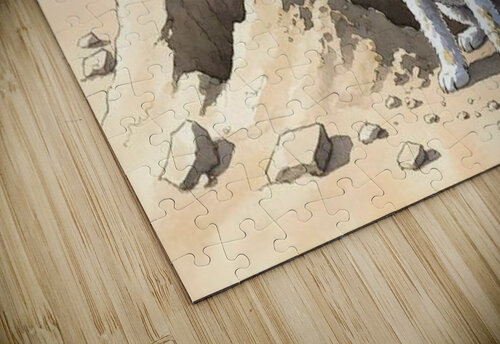 Happy White Poodle Puppy Sits In Destroyed Sand Castle Ruins Puppy Prints puzzle