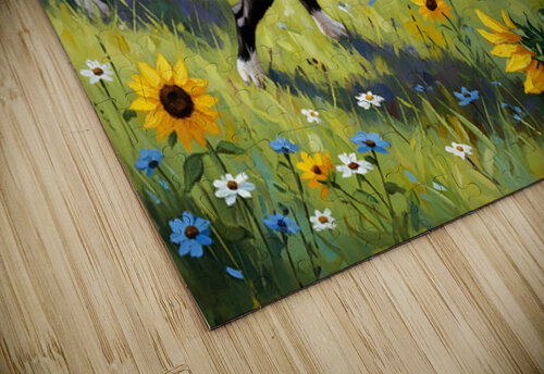 Boston Terrier Puppy Plays Near Beautiful Sunflower Puppy Prints puzzle