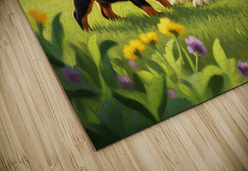 Rottweiler Puppy Meets Big Golden Friend In Garden Puppy Prints puzzle