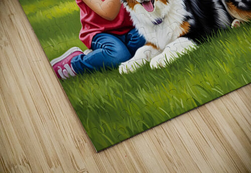 Tired Australian Shepherd Puppy Rests With Children Puppy Prints puzzle
