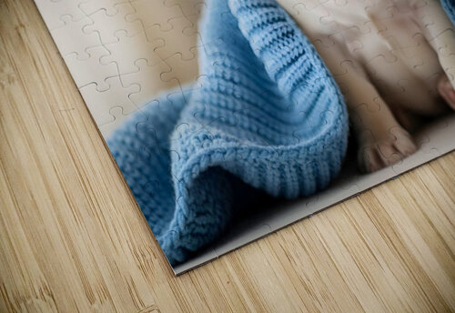 French Bulldog Puppy Snuggles With Favorite Blue Blanket Puppy Prints puzzle