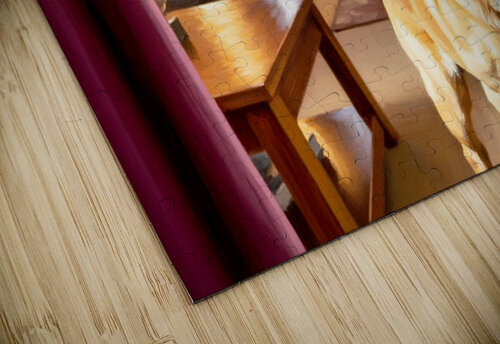 Happy Labrador Puppy Running From Dark Blue Curtains Puppy Prints puzzle