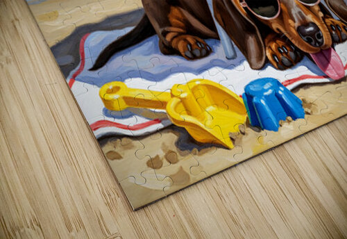Proud Dachshund Puppy Shows Off Completed Sandcastle Puppy Prints puzzle