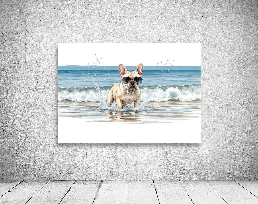 Cream French Bulldog Puppy Splashing In Ocean Water With Sunglasses Wall Preview