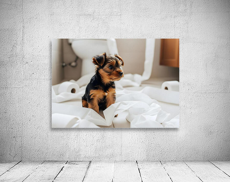 Brown Yorkshire Terrier Puppy With Unrolled Toilet Paper Trail Mess Wall Preview
