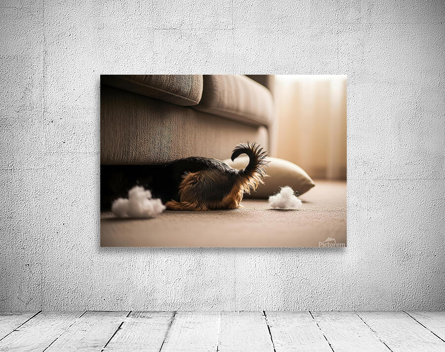 Brown Yorkshire Terrier Puppy Hiding Under Couch After Mess Wall Preview