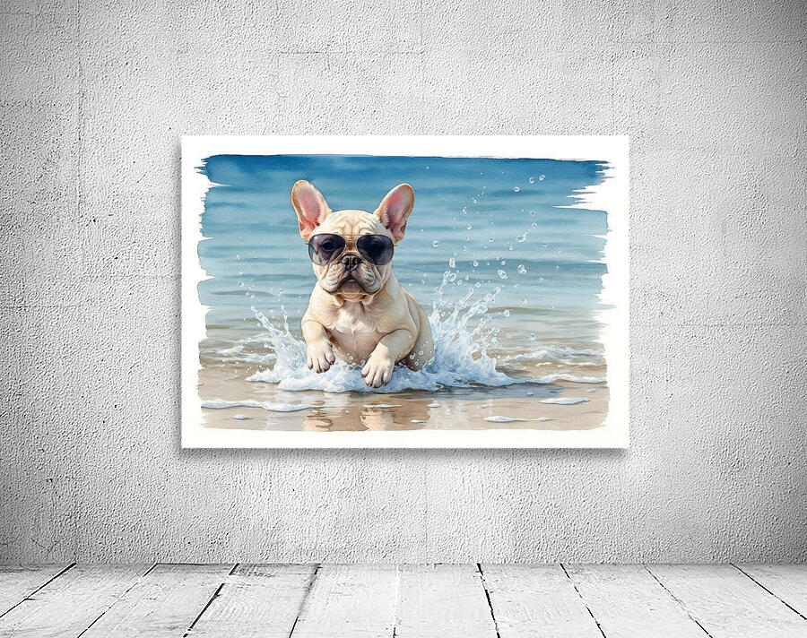Cream French Bulldog Puppy Splashing In Ocean With Sunglasses Wall Preview