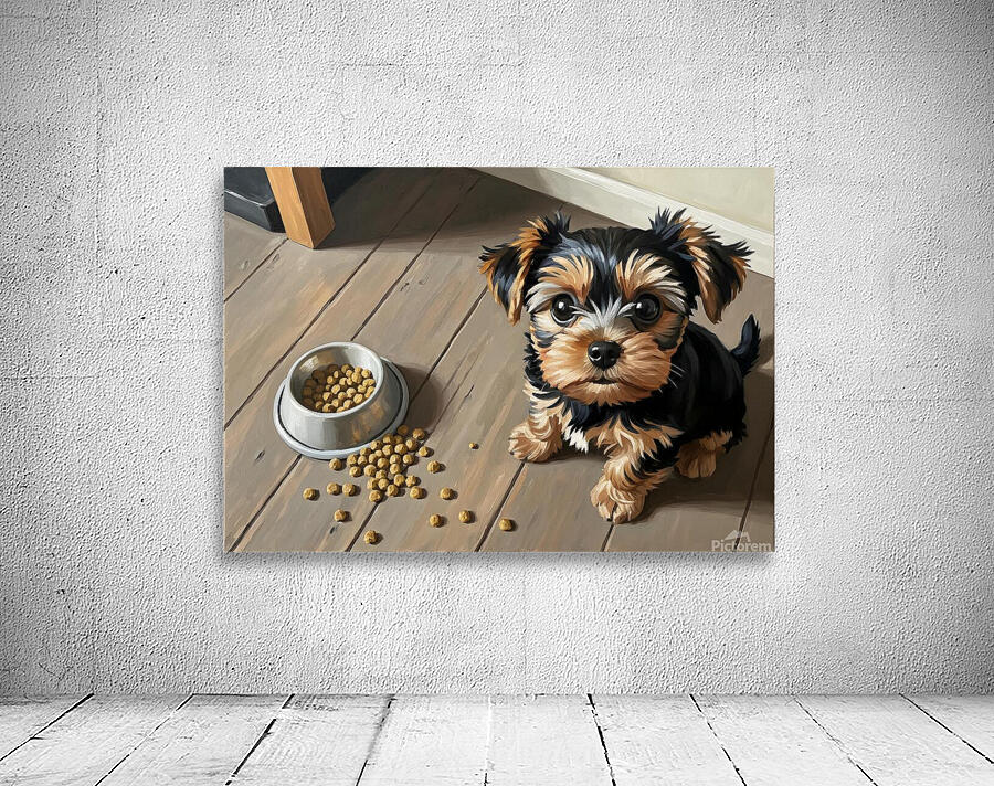 Brown Yorkshire Terrier Puppy With Overturned Food Bowl Wall Preview