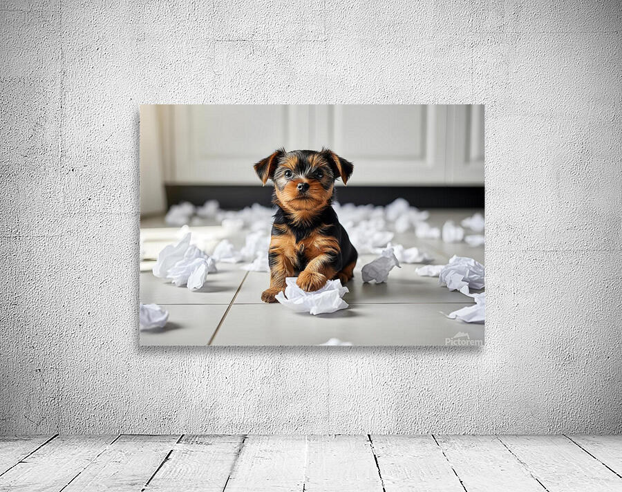 Guilty Yorkshire Terrier Puppy Surrounded By Shredded Tissue Wall Preview