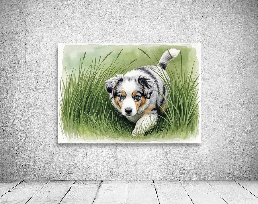 Blue Merle Australian Shepherd Puppy Searches Through Tall Grass Wall Preview
