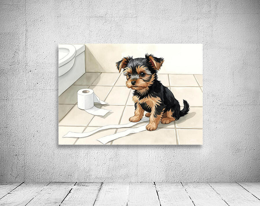 Brown Yorkshire Terrier Puppy With Unrolled Toilet Paper Trail Wall Preview