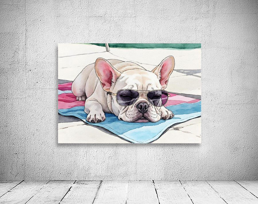 Tired Cream French Bulldog Puppy Resting On Beach Towel Wall Preview