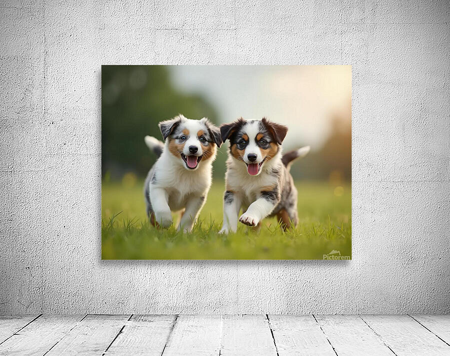 Blue Merle Australian Shepherd Puppies Playing Together In Tall Grass Wall Preview