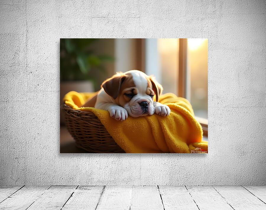 Bulldog Puppy Sleeps Peacefully In Wicker Basket Wall Preview