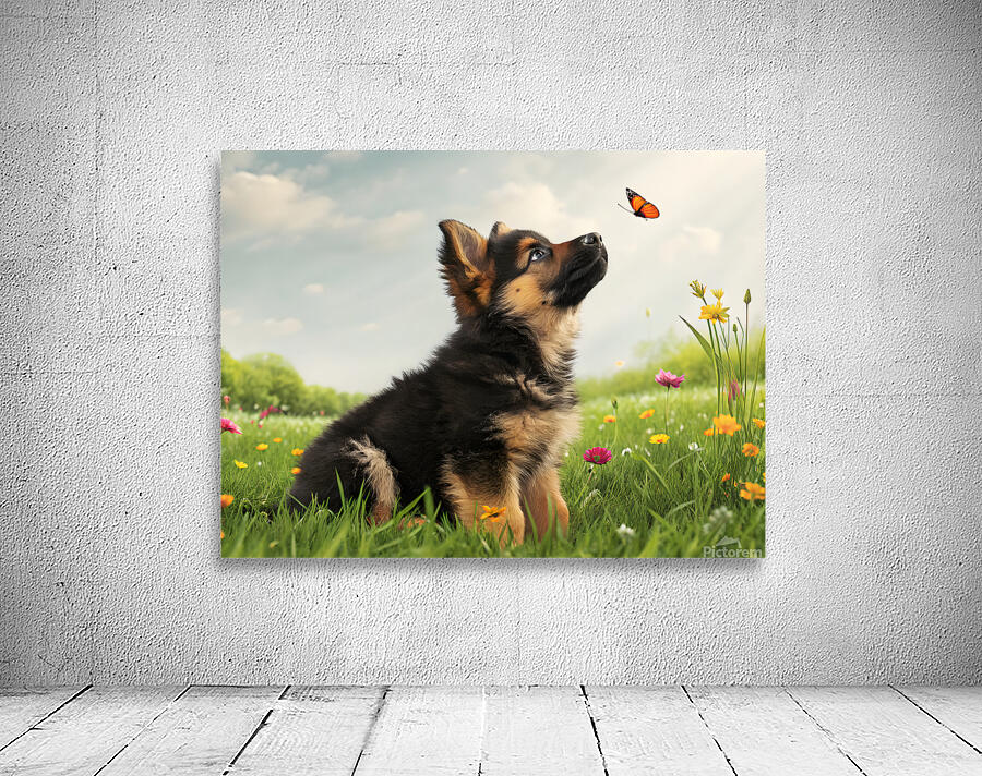 German Shepherd Puppy Discovers Butterfly In Meadow Wall Preview