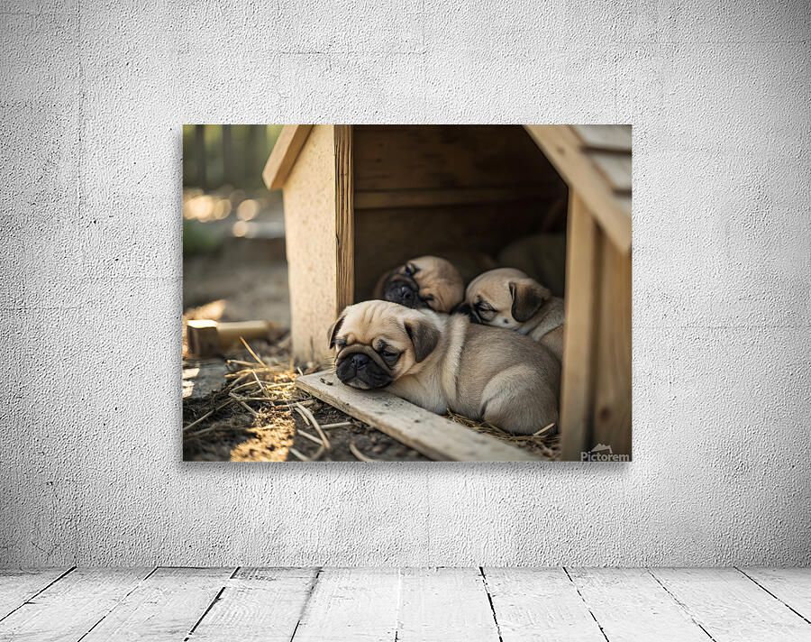 Pug Puppy Settles Comfortably With Sleeping Friends Wall Preview