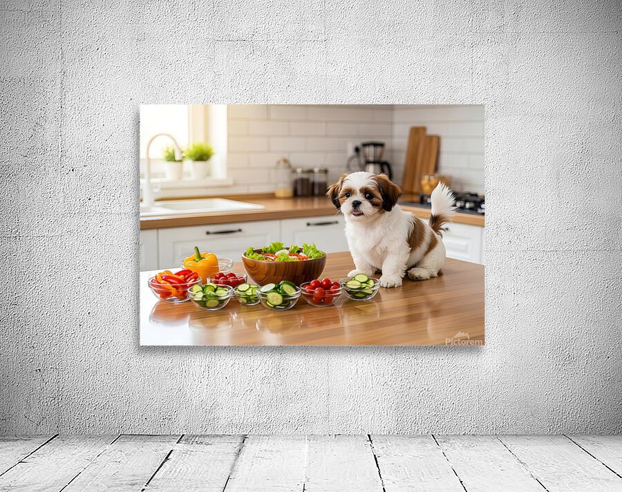 Happy Shih Tzu Puppy In Tidy Kitchen After Cooking Wall Preview