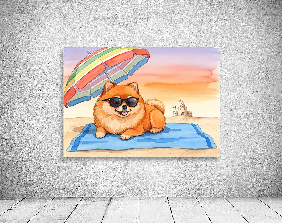 Tired Pomeranian Puppy Resting On Beach Towel Wall Preview