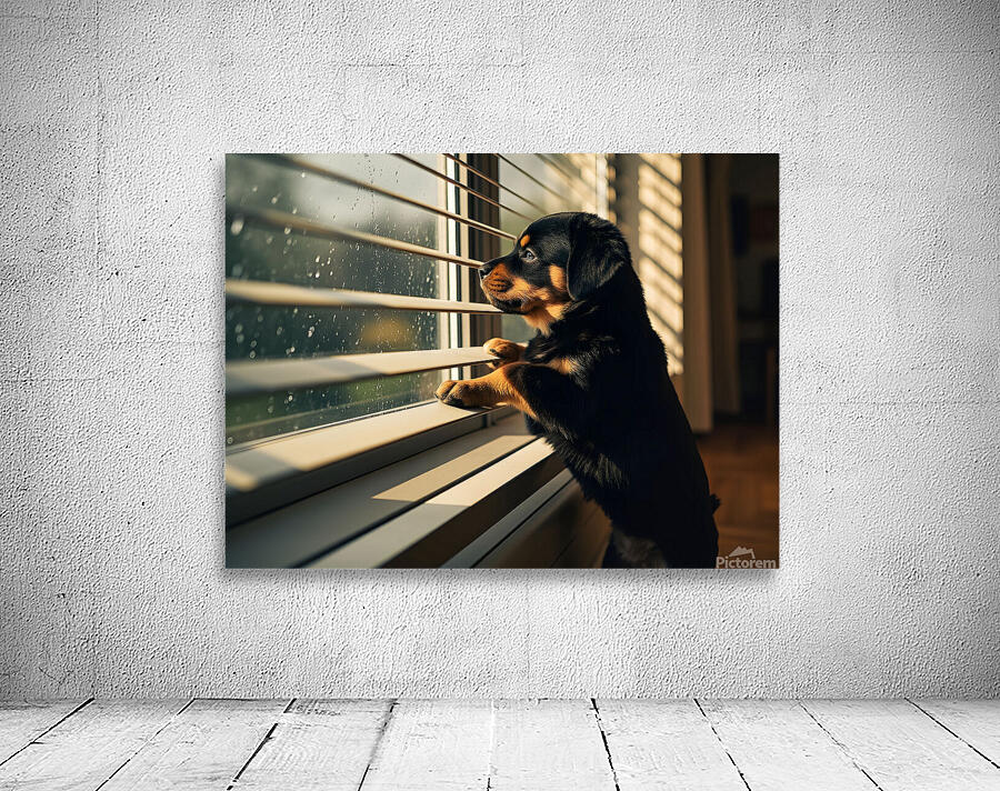 An adorable black and tan Rottweiler puppy stands curiously at a window Wall Preview