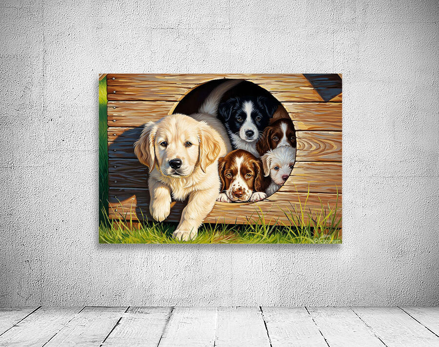 Golden Retriever Puppy Enters Crowded Doghouse Wall Preview