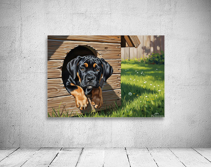 Curious Cane Corso Puppy Peeks From Doghouse Wall Preview