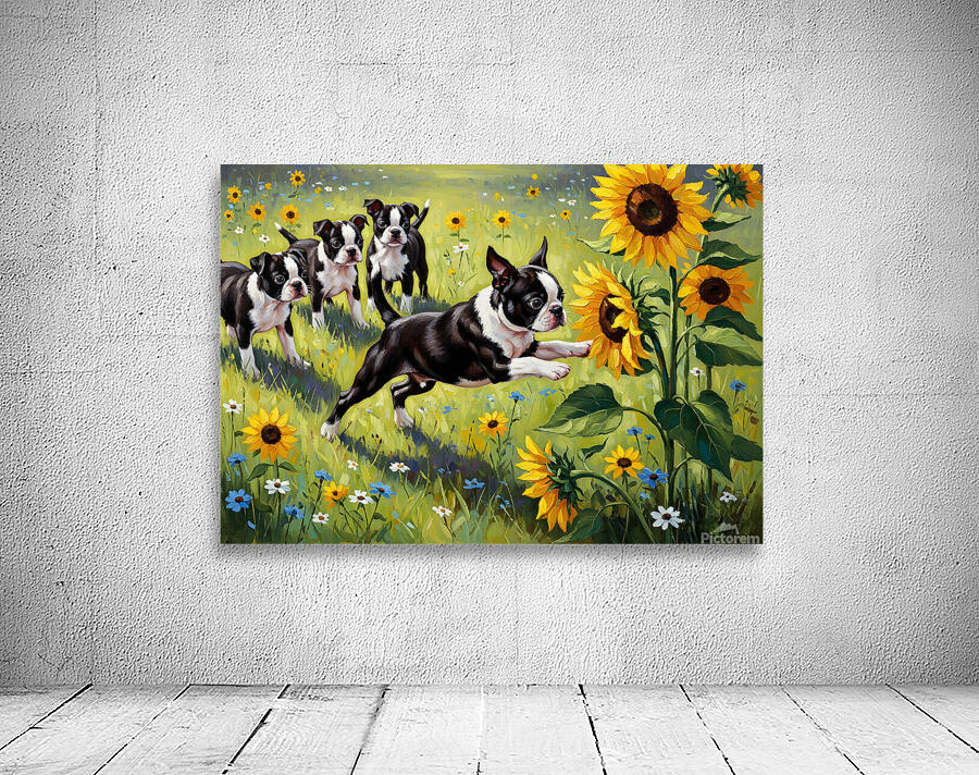 Boston Terrier Puppy Plays Near Beautiful Sunflower Wall Preview