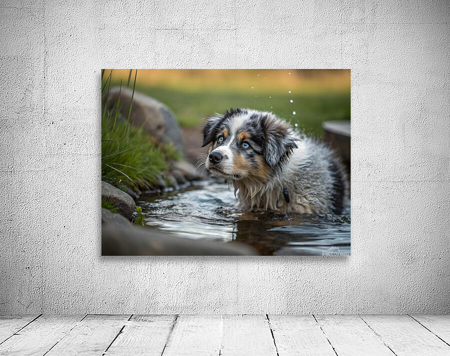 Australian Shepherd Puppy Emerges From Pond Water Wall Preview