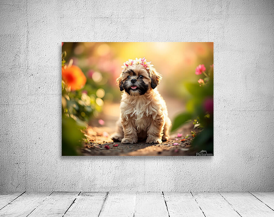Shih Tzu Puppy Sits Proudly Wearing Flower Crown Wall Preview