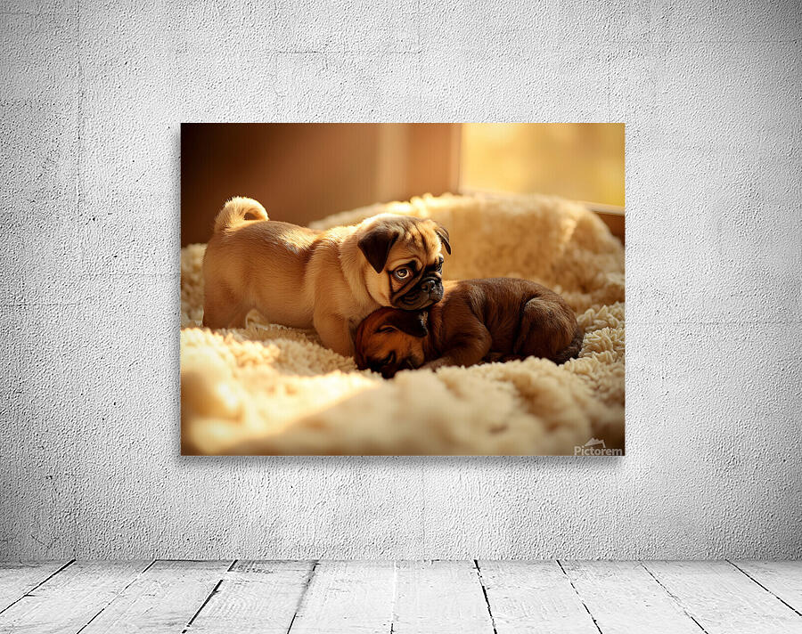Pug Puppy Gently Wakes Sleeping Friend Wall Preview