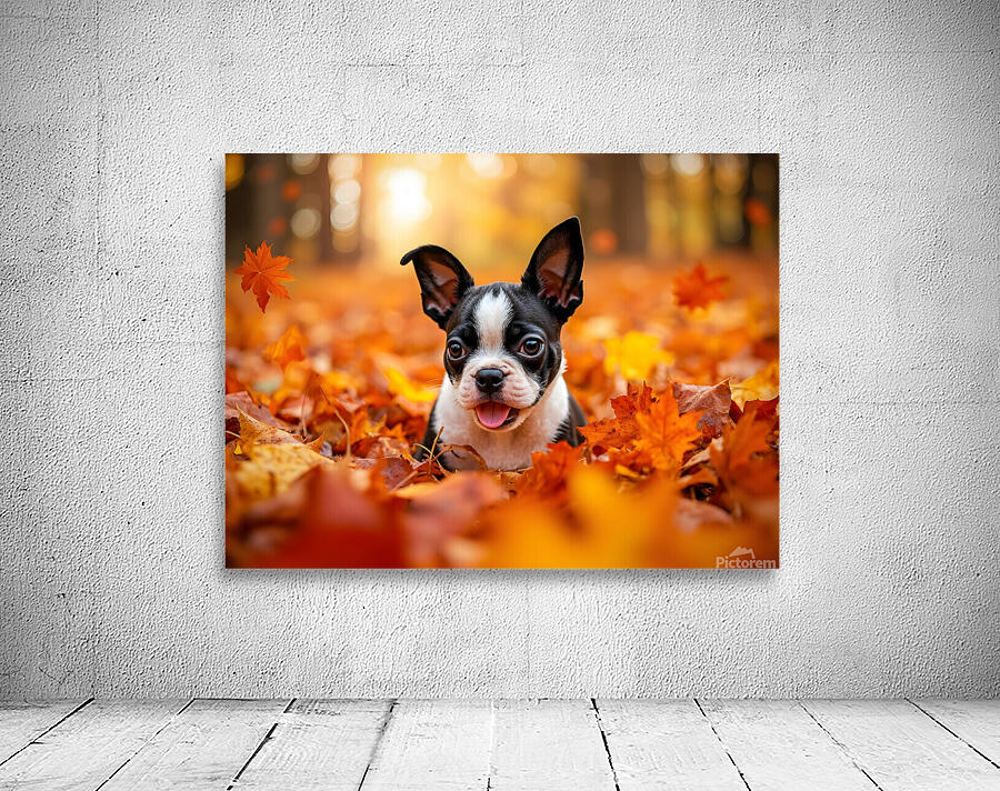 Boston Terrier Puppy Discovers Autumn Leaf Pile Wall Preview