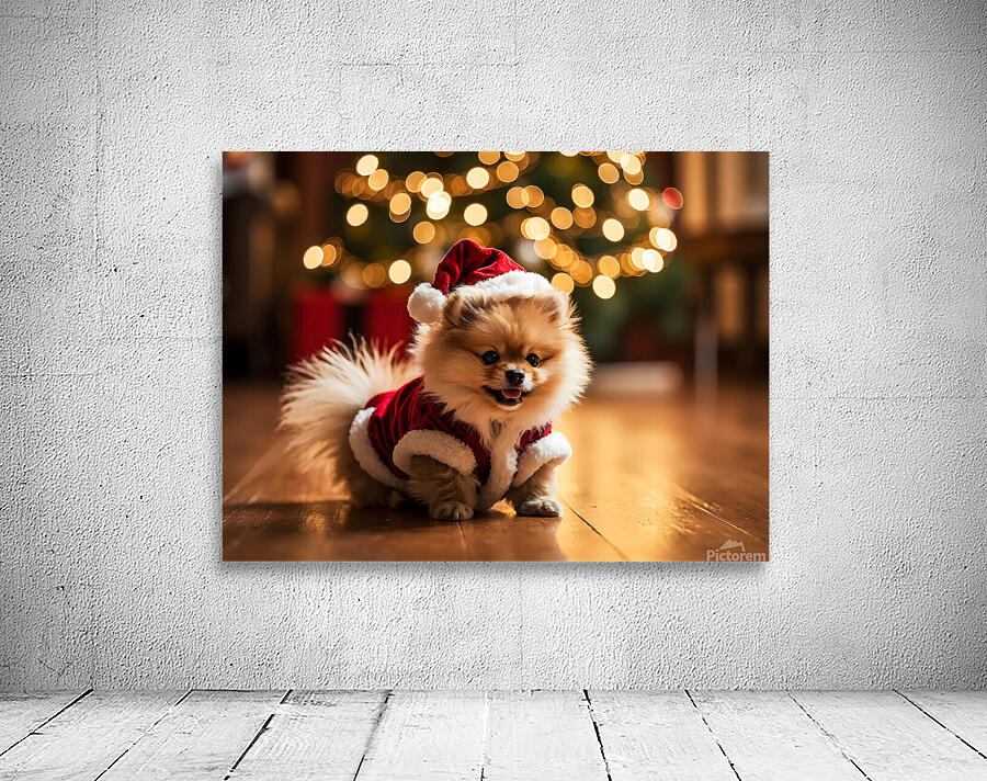 Pomeranian Puppy In Festive Christmas Outfit Wall Preview