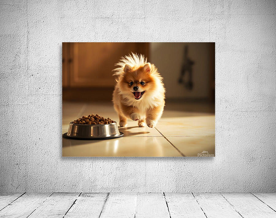 Excited Pomeranian Puppy Celebrates Full Food Bowl Wall Preview