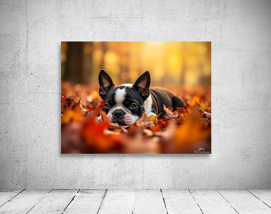 Sleepy Boston Terrier Puppy Rests In Autumn Leaves Wall Preview
