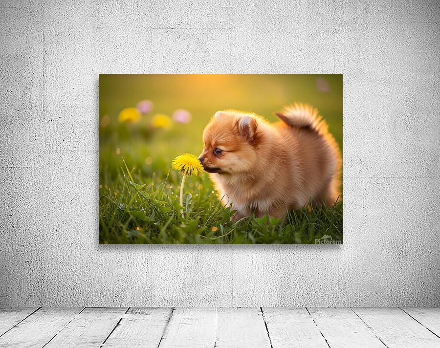 Pomeranian Puppy Discovers Yellow Dandelion In Meadow Wall Preview