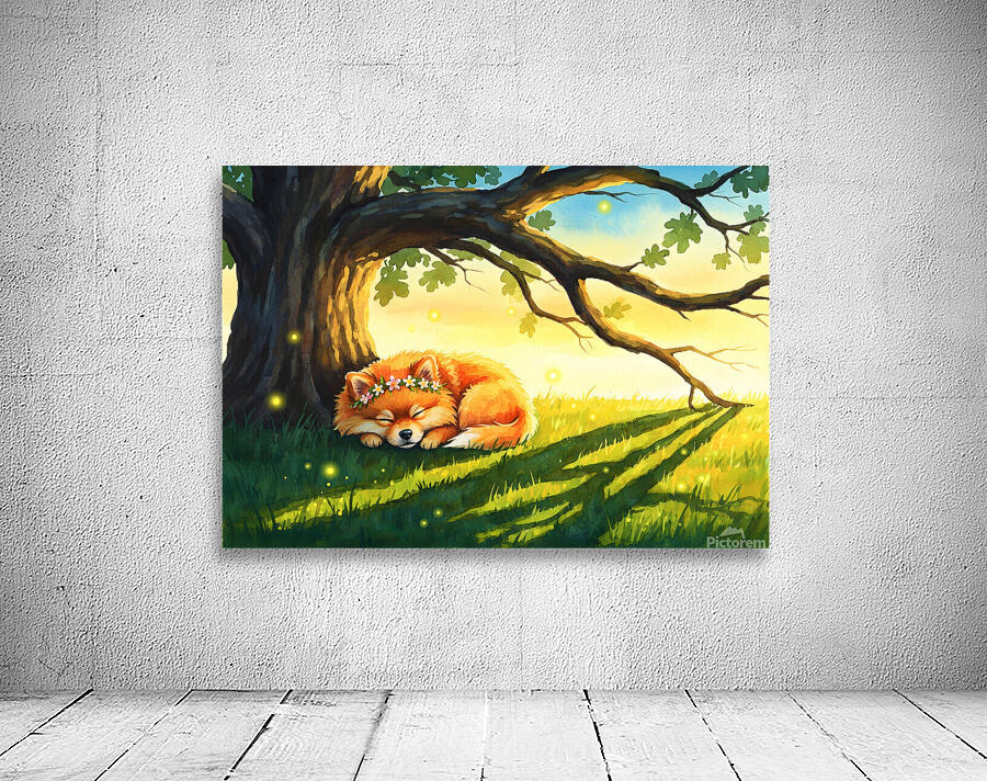 Pomeranian Puppy Sleeps Under Oak Tree At Sunset Wall Preview