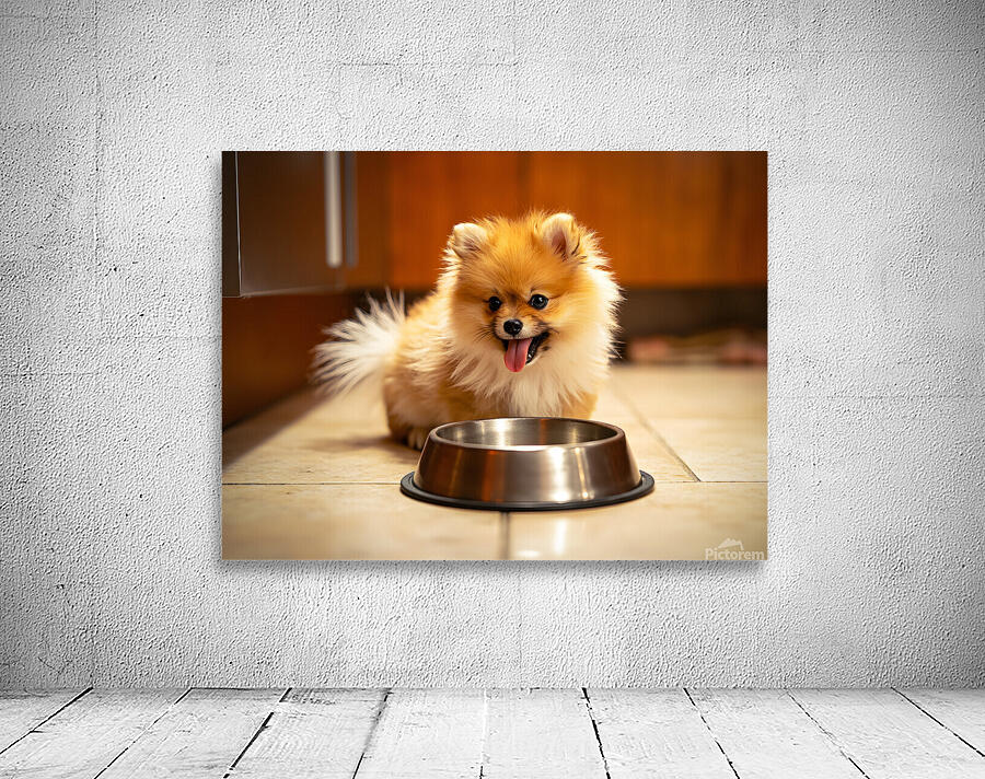 Pomeranian Puppy Waits By Empty Food Bowl Wall Preview