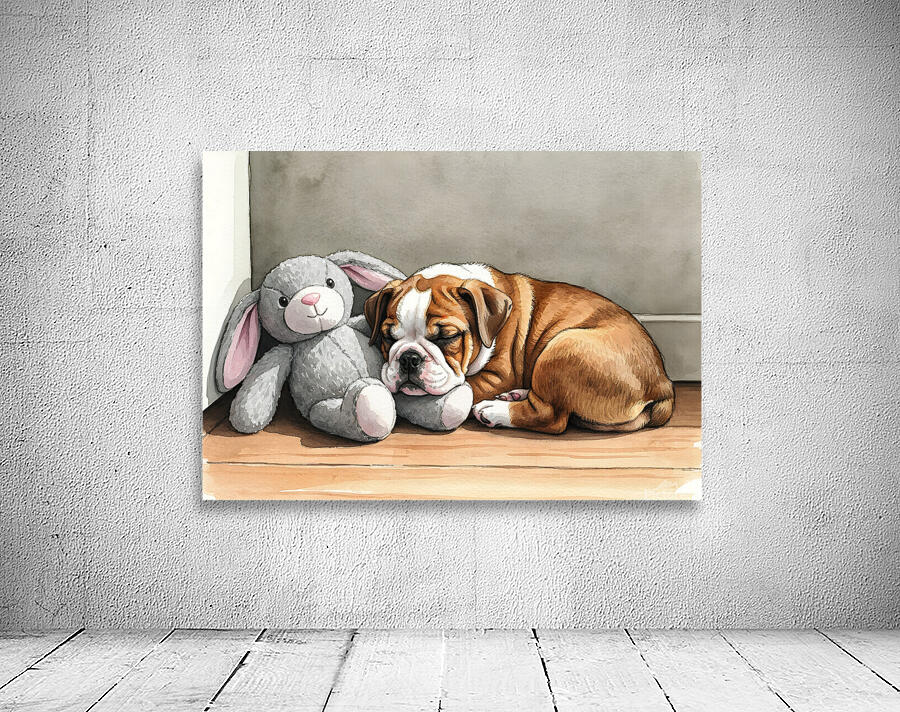 Bulldog Puppy Naps With His Beloved Rabbit Friend Wall Preview
