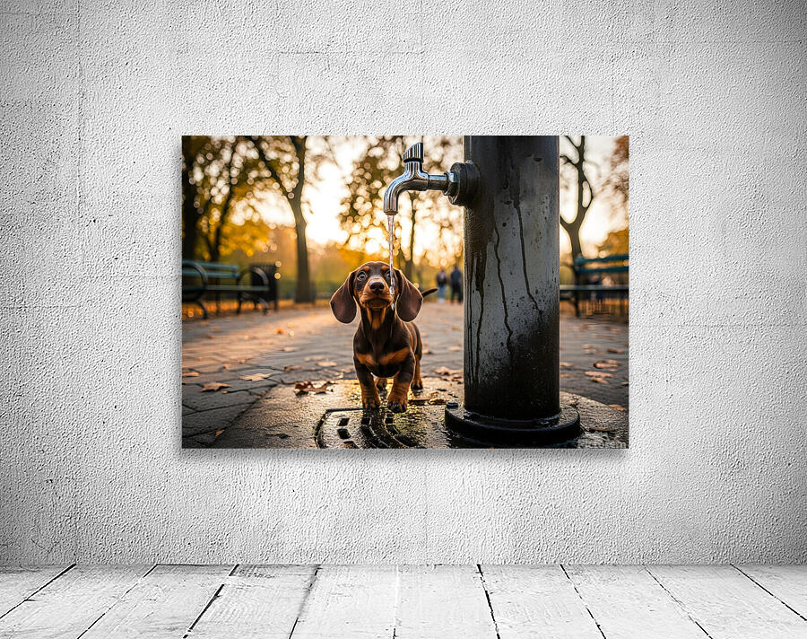 Dachshund Puppy Discovers Water Fountain Wall Preview