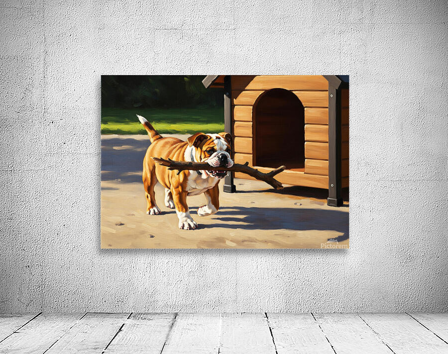 Happy Bulldog Puppy Successfully Brings Stick To Dog House Wall Preview