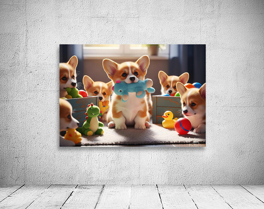 Happy Corgi Puppy Enjoys New Plush Toy Friend Wall Preview