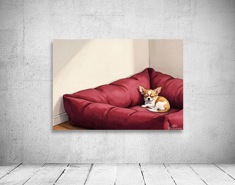 Sleepy Chihuahua Puppy Naps In Corner Of Giant Bed Wall Preview