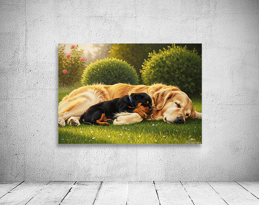 Sleepy Puppy Rests Safely Between Big Dogs Protective Paws Wall Preview