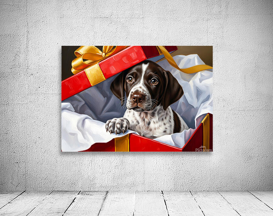 German Shorthaired Pointer Puppy Discovers Big Red Gift Box Wall Preview